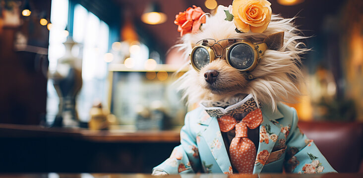 portrait of elegantly dressed dog, glasses and accessories, colorful background, close-up