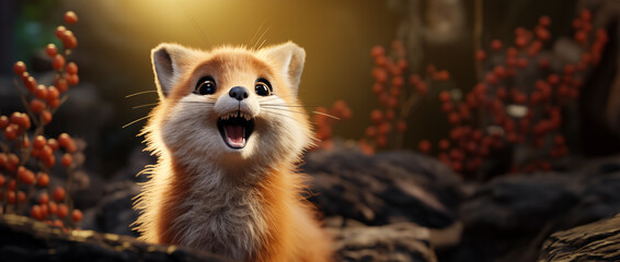 adorable little fox smiling in the middle of nature, little fox with human expressions - obrazy, fototapety, plakaty