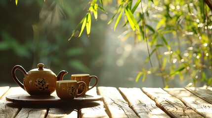 Traditional tea pot and cups on the bamboo table - obrazy, fototapety, plakaty