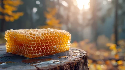 Fotobehang Honeycomb on a wooden butcher with forest background  © Wipada