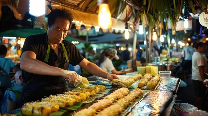 A bustling night market in Asia, where a vendor expertly rolls thin sheets of ice cream  - obrazy, fototapety, plakaty