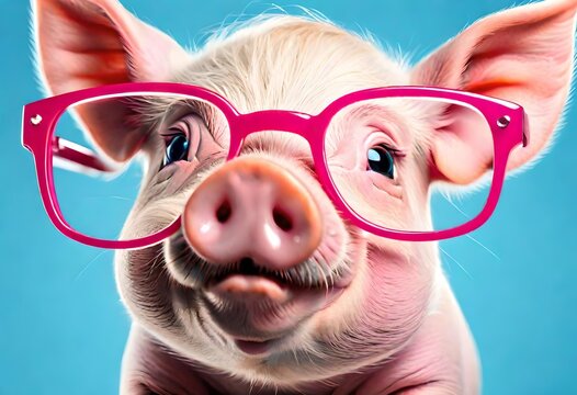Funny animals backdrop - Closeup portrait of cute smiling little pig with glasses, isolated on bright blue background 