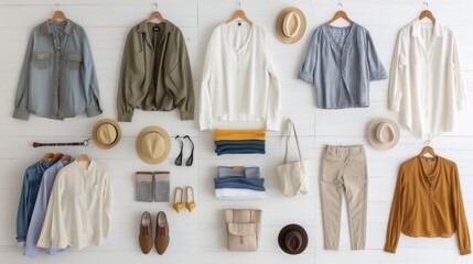 A capsule wardrobe for the minimalist traveler, consisting of versatile, interchangeable pieces that can create multiple outfits,  - obrazy, fototapety, plakaty