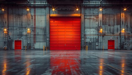 A spacious warehouse featuring a red garage door, automotive lighting fixtures, tinted windows, and a water event area. The flooring includes various tints and shades - Powered by Adobe