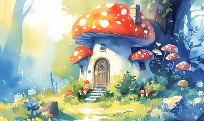 Tuinposter Watercolor painting, mushroom-shaped house in the forest, Generative AI  © simba kim
