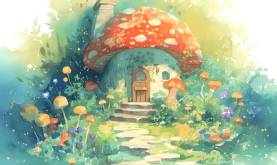 Foto op Canvas Watercolor painting, mushroom-shaped house in the forest, Generative AI  © simba kim
