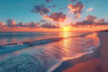 Cumulus clouds float in the sky as the sun sets over the ocean, painting the water in shades of pink and orange. Waves crash onto the beach, creating a peaceful natural landscape at dusk - obrazy, fototapety, plakaty