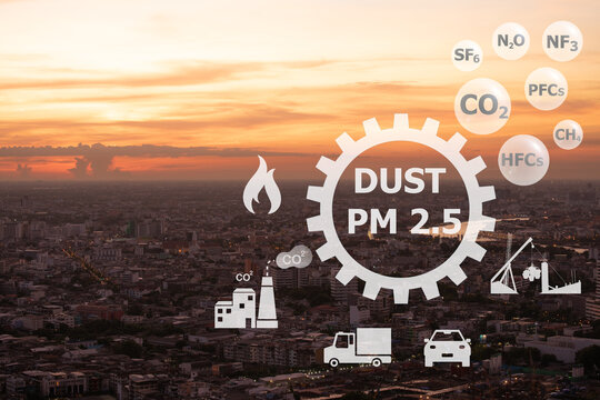 Where does DUST PM 2.5 come from and icons on bangkok city background.