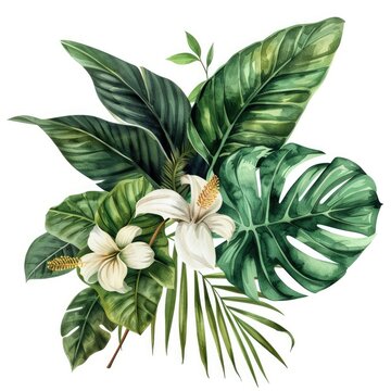 Greenery and white flowers in botanical art - This image showcases vivid green foliage complemented by pure white flowers, evoking a feeling of natural purity and botanical aesthetics