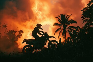 Obraz premium Silhouetted dirt biker at sunset - A dramatic silhouette of a dirt biker set against a fiery sunset sky, encapsulating a sense of adventure