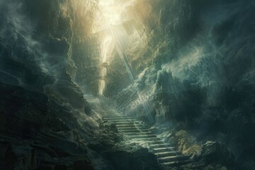 Sunlit ancient staircase in a cavern - A sunbeam illuminates the path of a weather-worn stone staircase in a misty cavern, creating an aura of discovery - obrazy, fototapety, plakaty