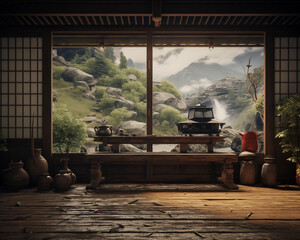 Abstract Japanese style living room with large windows. Landscape of mountains, water and fog. Use it as a studio for fashion photography or other luxury items. - obrazy, fototapety, plakaty