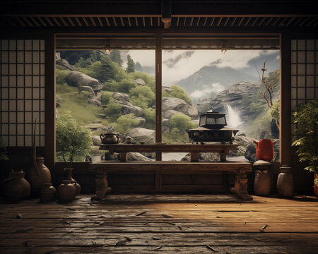 Abstract Japanese style living room with large windows. Landscape of mountains, water and fog. Use it as a studio for fashion photography or other luxury items.