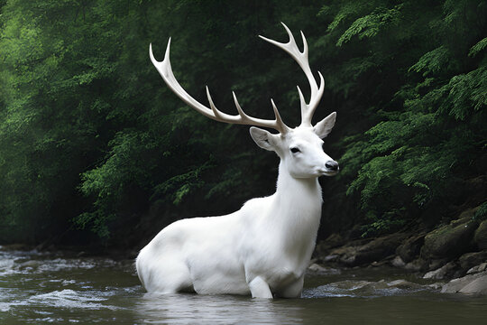 Imagine an albino deer playing in a river.
 Generative ai