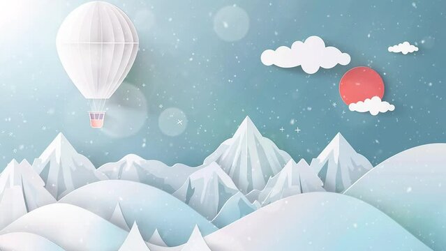 3d paper art and craft of hot air balloon white floating on blue sky background. seamless looping overlay 4k virtual video animation background