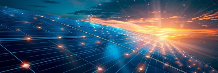 Image of solar panels under the glow of sunset, connected by glowing data lines to represent the interlinkage of energy and technology.
