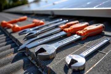 Fototapeta premium Image of engineering objects on workplace,tool equipment with solar panel.