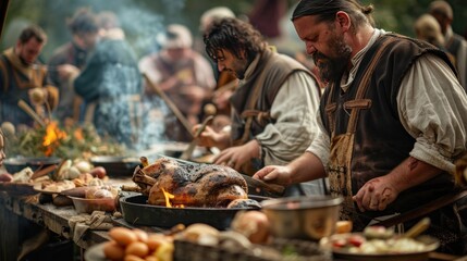 A historical reenactment feast, where a whole roasted pig is the centerpiece, cooked in a...