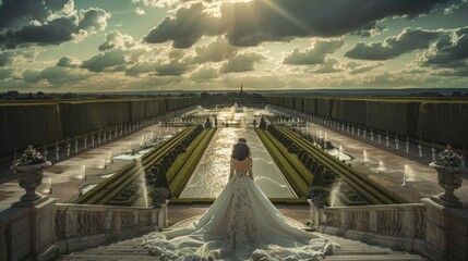 A luxurious bridal fashion shoot set in the gardens of Versailles, where models adorned in elaborate 