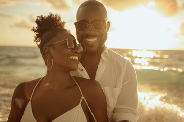 Romantic couple embracing and watching the sunset on a sandy beach, creating a beautiful moment in the golden hour.