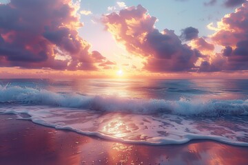 The sun sets over the ocean, casting a warm light on the crashing waves. The sky is painted with hues of orange and blue, creating a stunning natural landscape during the afterglow of dusk - obrazy, fototapety, plakaty