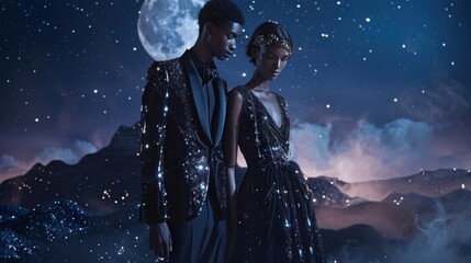 A luxury evening wear collection inspired by the night sky, with dresses and suits embellished with crystals 