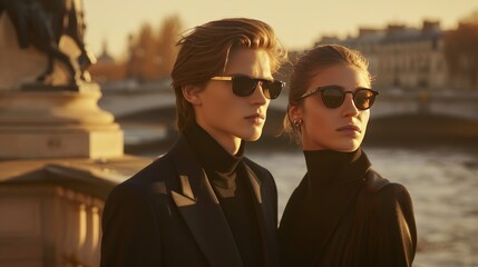 A luxury eyewear campaign photographed in the golden hour light on the Pont Neuf, with models 