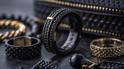 A luxury men's jewelry line focusing on sophisticated, modern designs, with sleek bracelets, rings,