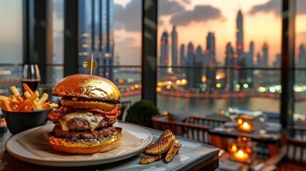 A luxury hotel's rooftop bar, where the signature burger comes with a gold leaf garnish and a side 
