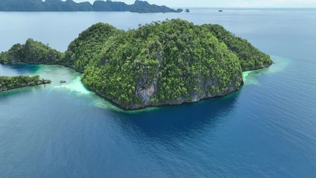 Scenic limestone islands rise from Raja Ampat's tropical seascape. This region of Indonesia is known as the heart of the Coral Triangle due to the extraordinary marine biodiversity found there.