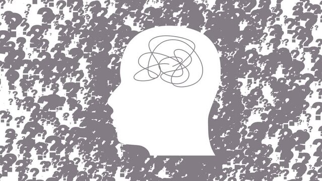 A man head in profile with a tangled ball of nerves, scribbles symbolizing a depressed state of a person. Psychological help. Memory and solution, searching and thinking. Question marks emission