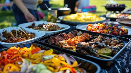 A multicultural BBQ potluck in a community park, where diverse dishes from around the world are...