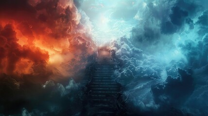 Stairway leading up to a divine light in clouds - This intriguing image depicts a stairway winding up to a celestial realm in a contrasting scene of serenity and turmoil in the clouds - obrazy, fototapety, plakaty