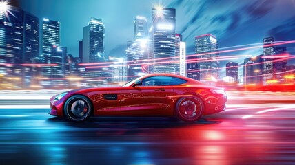 Sports car speeding through futuristic city - A high-speed sports car races through a neon-lit futuristic cityscape at night, showcasing motion and modernity