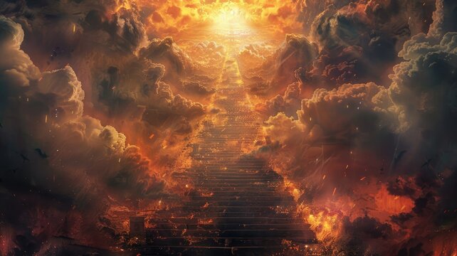 Stairway to heaven in a fiery sky - A captivating artwork depicting a staircase leading to a luminous, fiery sky amidst clouds, inspiring awe