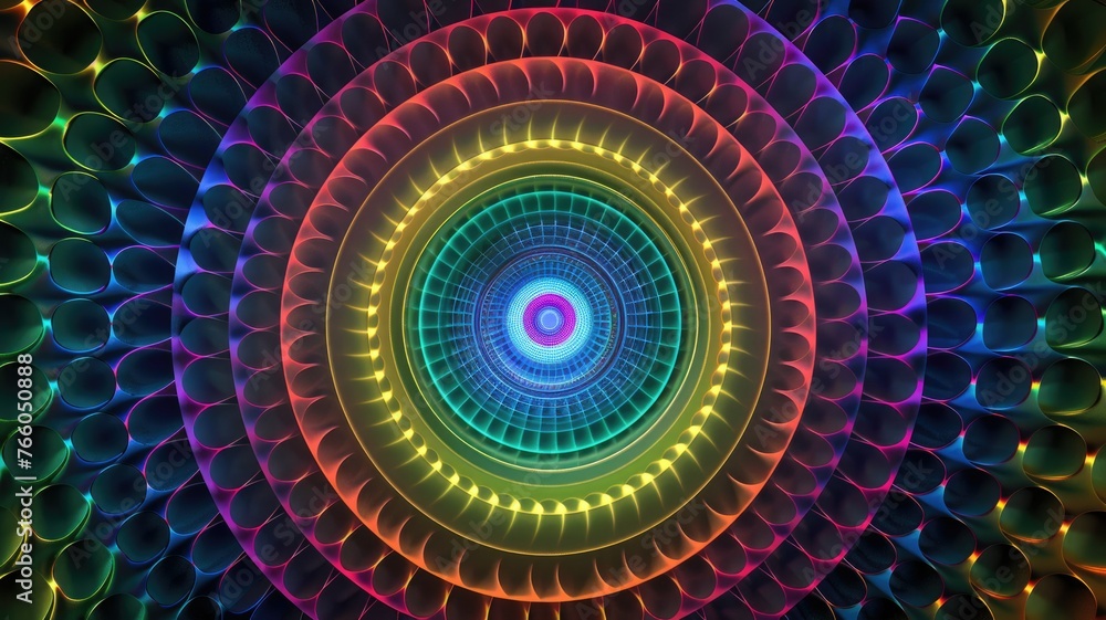 Poster intricate circular neon light artwork - colorful neon lights forming a complex circular pattern with
