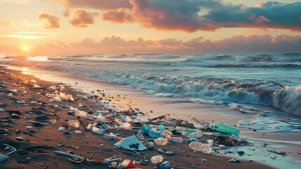 Polluted shore with waves and sunset sky - Sunset view of a beach strewn with waste, symbolizing environmental neglect and ocean health - obrazy, fototapety, plakaty