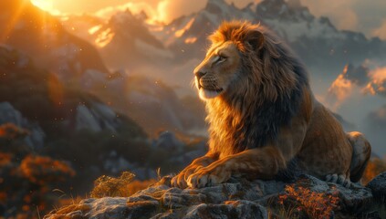 A Felidae, carnivorous animal resembling a lion, lounges on a rocky outcrop, overlooking majestic mountains and fluffy clouds in a breathtaking natural landscape - obrazy, fototapety, plakaty