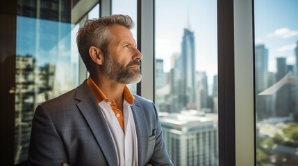 mature optimistic white caucasian businessman executive CEO in corporate modern office thinking contemplating and looking out window skyscraper cityscape daytime  - obrazy, fototapety, plakaty