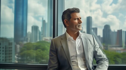 mature optimistic Latino Hipanic businessman executive CEO in corporate modern office thinking contemplating and looking out window skyscraper cityscape daytime with room for text - obrazy, fototapety, plakaty