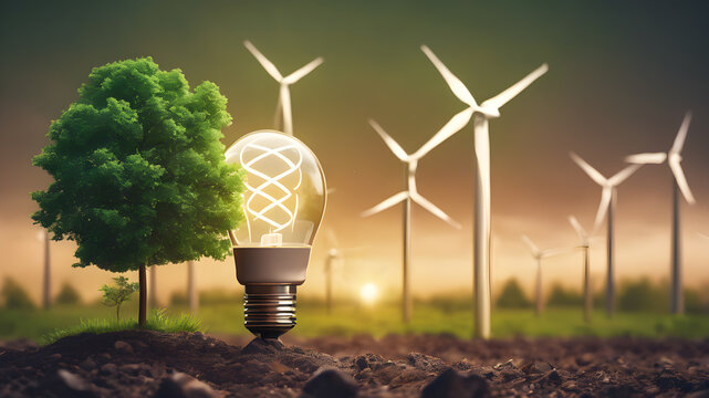 .Light bulb and green tree . Renewable energy and ecology concept. AI generated image, ai.