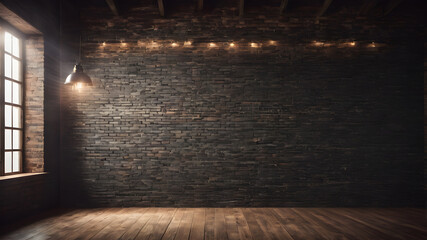  brick wall with wooden floor may used as background. brick wall, dark background for design. AI generated image, ai.