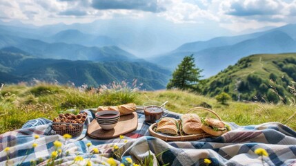 A rustic mountain picnic after a morning hike, with a checkered blanket overlooking a panoramic view of the valleys below. The meal includes hearty  - obrazy, fototapety, plakaty