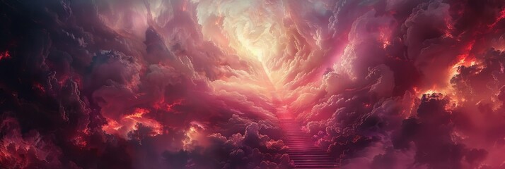 Stairway to heaven among vivid cloudscape - Surreal digital artwork of a staircase leading to the light in a dramatic cloudy sky, suggesting ascent and hope - obrazy, fototapety, plakaty