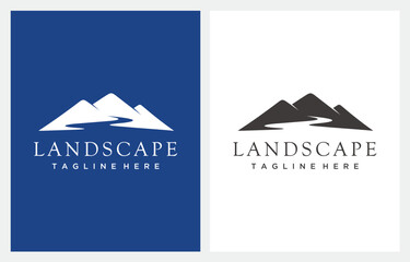 Landscape Hills Mountain Peaks River Creek Silhouette logo design vector
