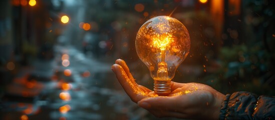 With a passion for art and science, the person carefully examines the intricate details of the light bulb, capturing its beauty through macro photography - obrazy, fototapety, plakaty