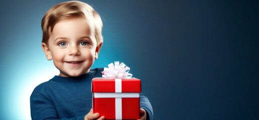 Holiday Surprise: The boy smilingly holds a festively decorated red gift box, conveying a sense of joy and holiday anticipation. friendship day, sister's day, brother's day.