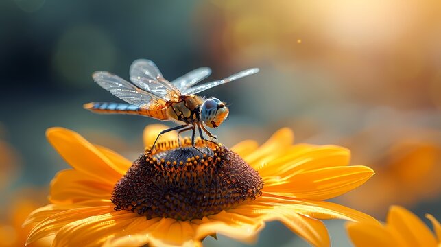 Glass wing insect with sunflower, macro photography 
