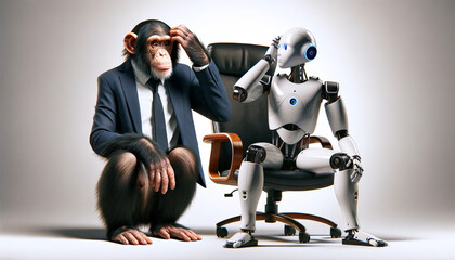 ロボットの上司に謝るチンパンジー - obrazy, fototapety, plakaty