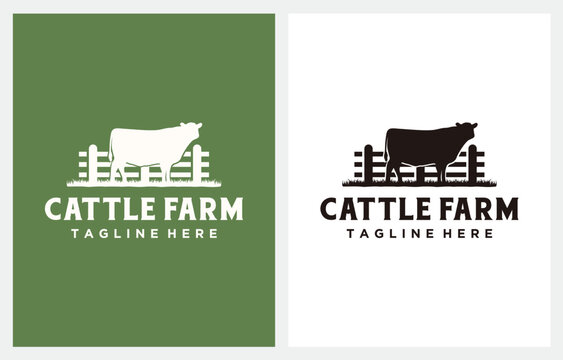 Cattle Farm Angus Grass Silhouette Black Angus logo design vector